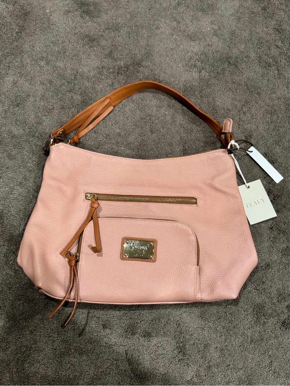 NWT Valentina Purse Pebbled Italian Leather Hobo Bag – Blush Pink & Tan